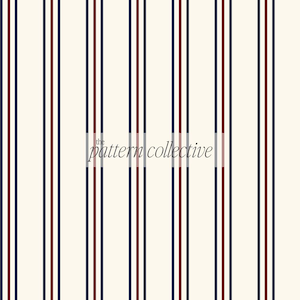 May include: A cream-colored fabric or surface featuring a repeating vertical stripe pattern in dark navy blue and deep burgundy red. The text "the pattern collective" is printed in a dark, elegant serif font across the center of the stripes.