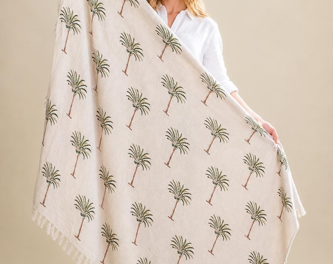 Hand Block Print Palm Throw Blanket: Coastal Boho Cotton Fringe Sofa Bedding