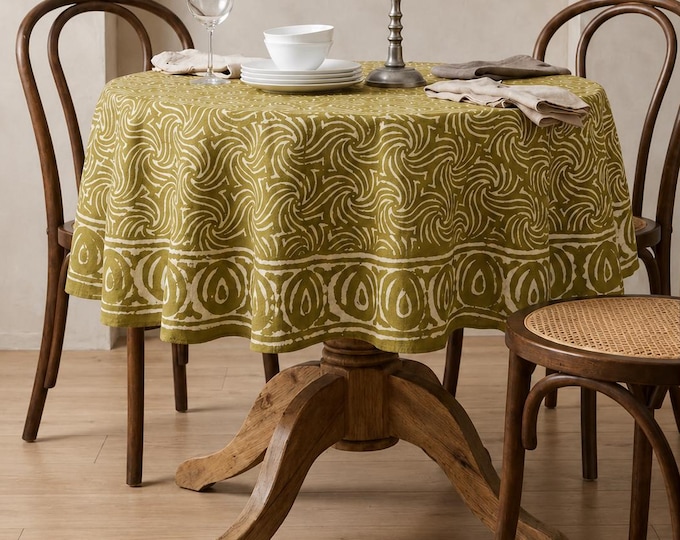 Olive Green Hand Block Print Cotton Round Tablecloth – Boho Farmhouse Dining Cover