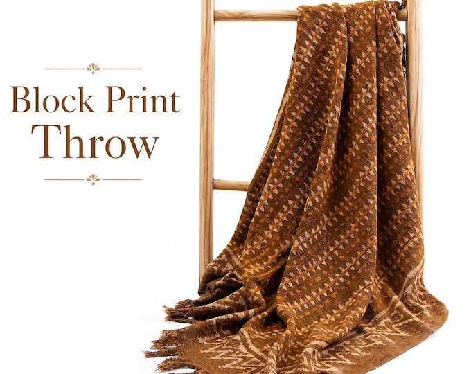 Rust Brown Block Print Cotton Throw • Tribal Geometric Pattern Sofa Blanket