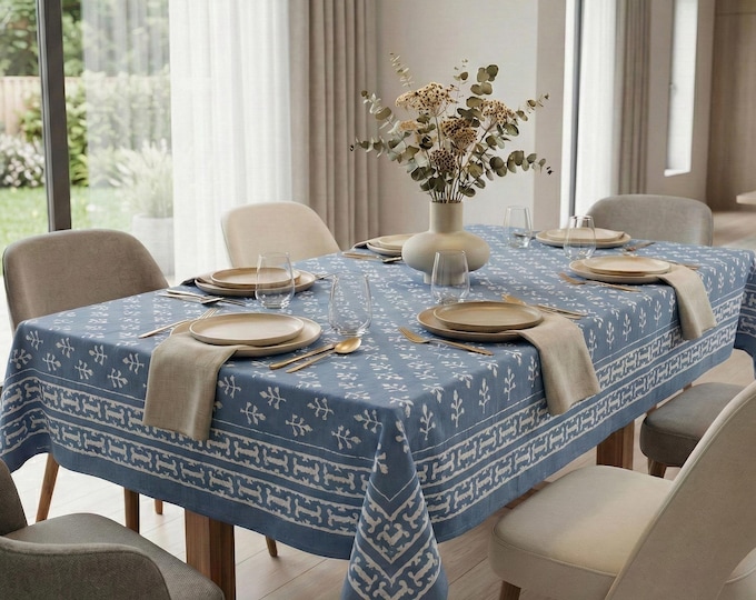 Hand Block Print Cotton Tablecloth, Dusty Blue Floral Boho Dining Cover