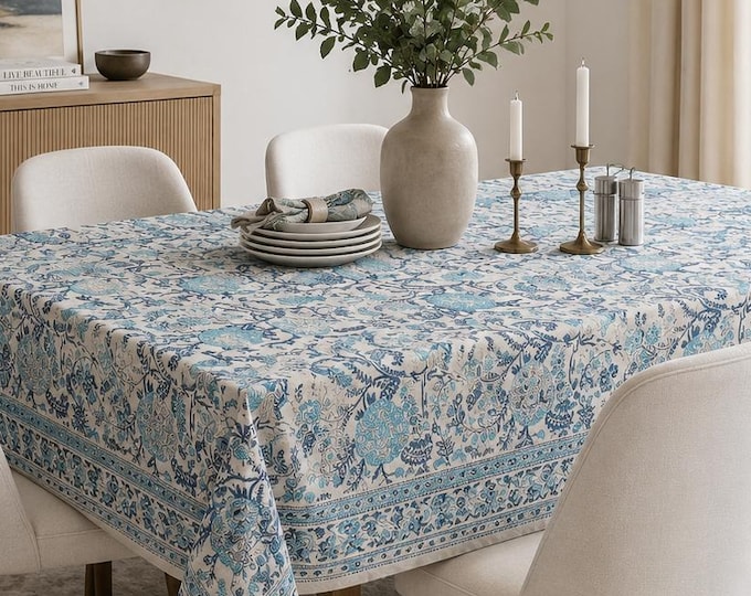 Hand Block Print Cotton Tablecloth, Blue Floral Boho Farmhouse Dining Linen