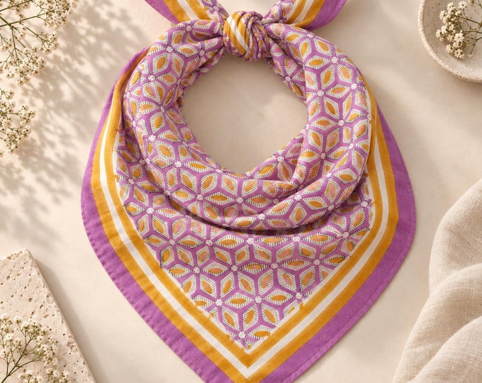Magenta Geometric Floral Cotton Bandana – Hand Block Print Hair Scarf