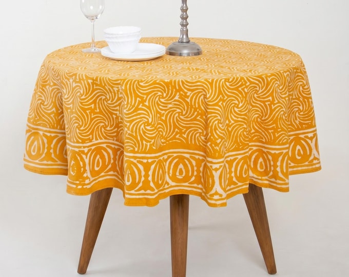 Mustard Yellow Hand Block Print Round Tablecloth: Boho Farmhouse Cotton Dining Decor