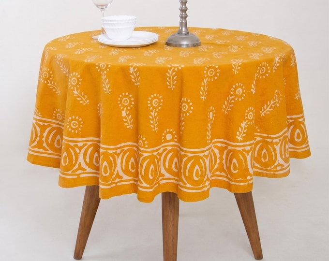 Mustard Yellow Round Tablecloth: Hand Block Print Cotton Floral Boho Farmhouse Dining Linen