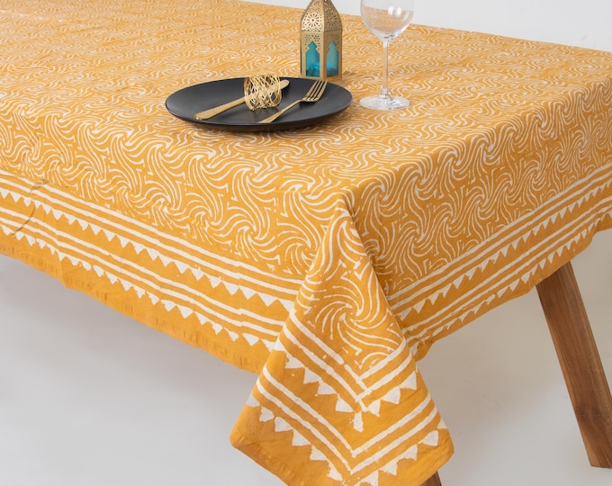 Hand Block Print Yellow Tablecloth: Geometric Cotton Boho Farmhouse Dining Cover