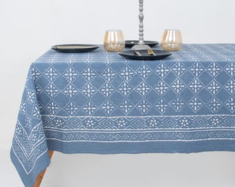 Indigo Blue Hand Block Print Cotton Tablecloth, Boho Farmhouse Dining Decor