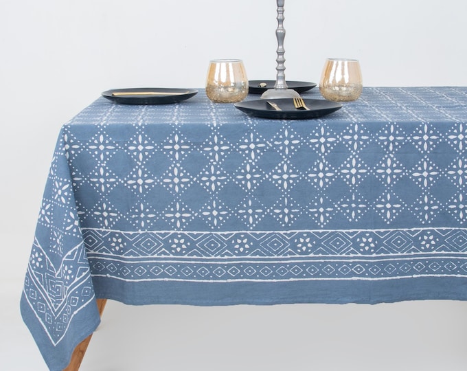 Indigo Blue Hand Block Print Cotton Tablecloth, Boho Farmhouse Dining Decor