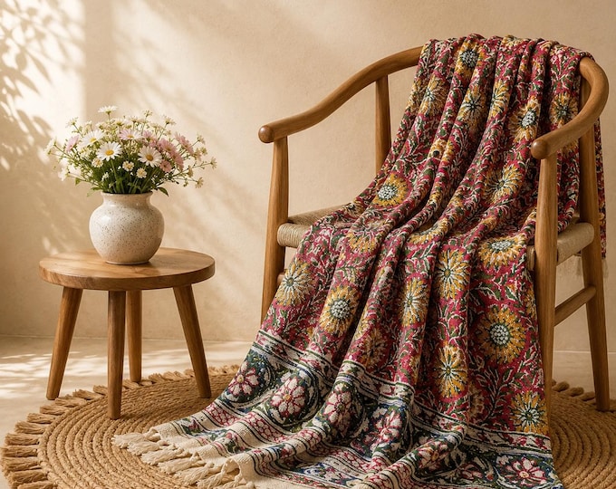 Red Yellow Floral Hand Block Printed Cotton Throw Blanket, Boho Indian Decor
