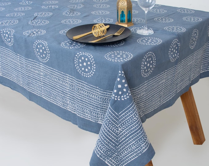 Indigo Blue Hand Block Print Cotton Tablecloth, Farmhouse Boho Dining Decor