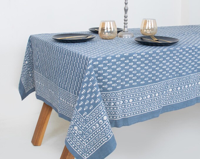 Hand Block Printed Cotton Tablecloth – Dusty Blue Floral Boho Dining Cover