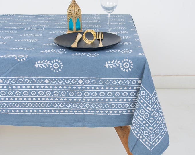 Block Print Tablecloth, Dusty Blue Indian Cotton Table Cover - Indigo Floral Print cloth
