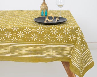 Olive Green Hand Block Print Cotton Tablecloth, Floral Boho Farmhouse Dining Cover