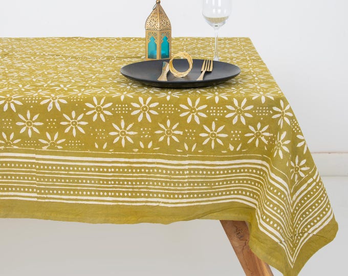 Olive Green Hand Block Print Cotton Tablecloth, Floral Boho Farmhouse Dining Cover