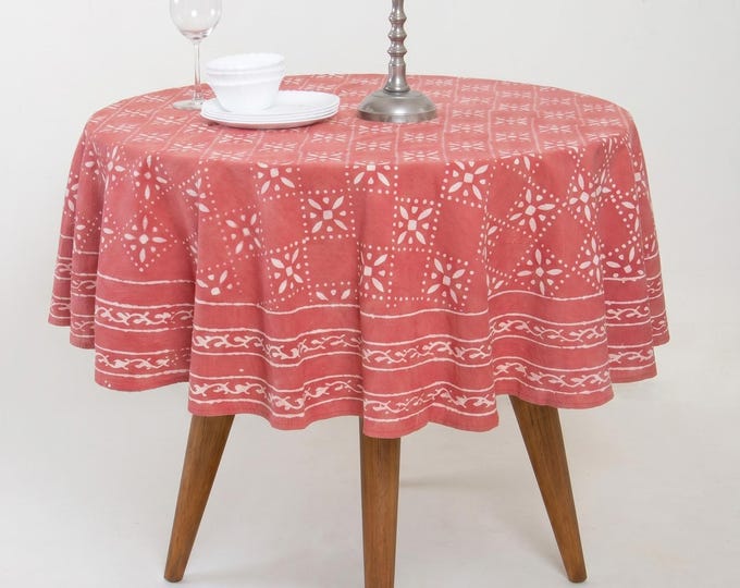 Dusty Coral Hand Block Print Round Tablecloth: Geometric Cotton Boho Farmhouse Dining Cover