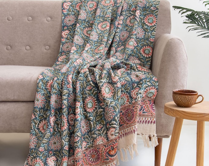 Hand Block Printed Charcoal Blue Floral Cotton Throw: Indian Artisan Crafted