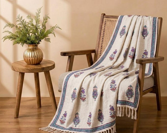 Hand Block Printed Cotton Blanket: Purple Floral Indian Quilt (50x70)