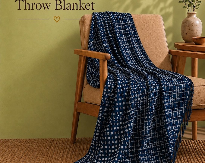 Hand Block Print Cotton Throw Blanket: Indigo Boho Farmhouse Fringed Sofa Bed Cover