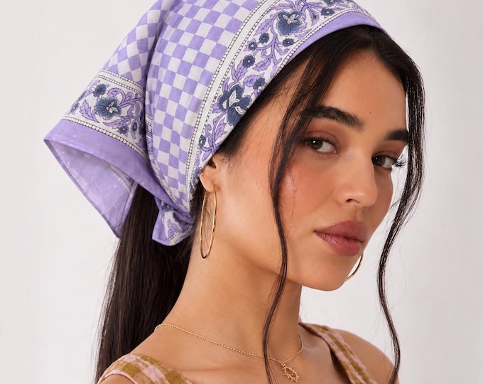 Lavender Gingham Cotton Bandana Scarf • Hand Block Print