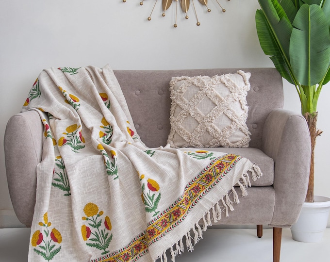 Hand Block Print Floral Cotton Throw Blanket – Yellow Green Indian Quilt, Boho Sofa Decor