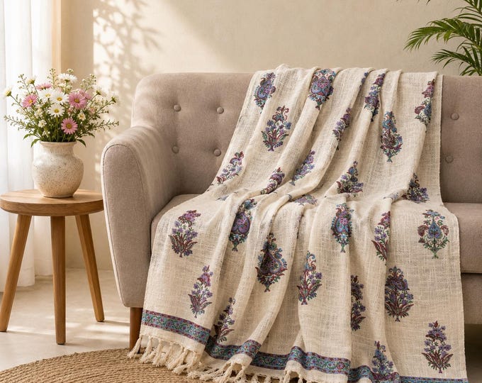 Ivory Blue Floral Hand Block Printed Cotton Throw Blanket – Boho Fringe Decor