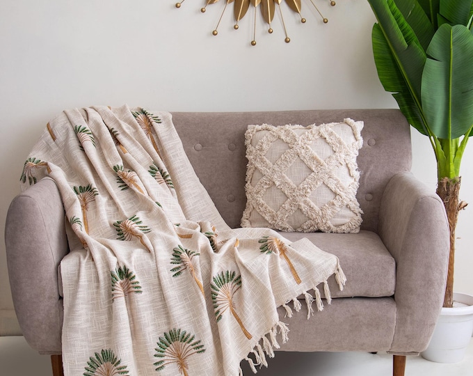 Hand Block Print Palm Tree Cotton Throw Blanket, Boho Coastal Farmhouse Bed Sofa Cover