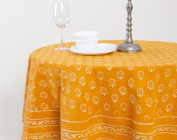 Hand Dyed Yellow Tablecloth // Block Print Floral Table Cover" Round Tablecloth"