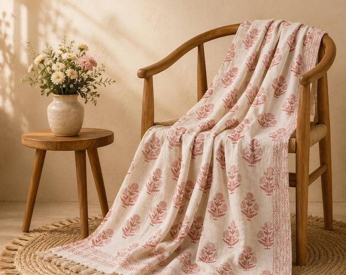 Hand Block Printed Cotton Throw Blanket: Floral Boho Bed Sofa Cover