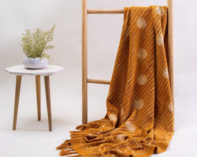 Hand Block Print Cotton Throw Blanket: Mustard Yellow Boho Sofa Bed Cover