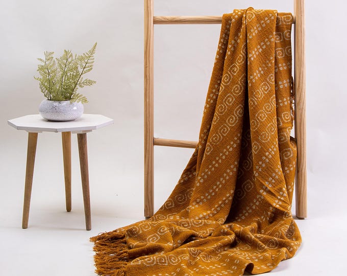 Hand Dyed Mustard Yellow Hand Block Print Cotton Throw Blanket