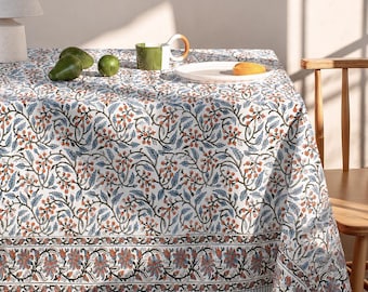 Soft Blue - Grey Floral Tablecloth - Indian Block Print Cotton Tablecloth - Botanical Farmhouse Table Cover