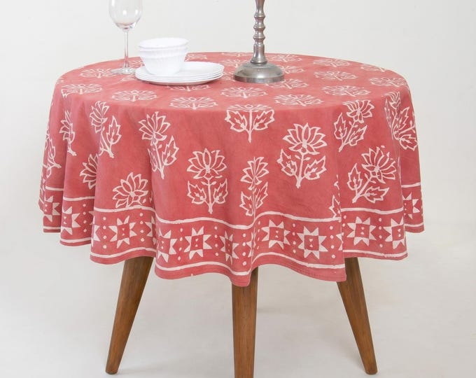 Coral Pink Hand Block Print Cotton Round Tablecloth, Indian Floral Boho Dining Linen