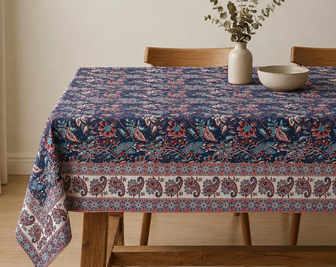 Hand Block Print Navy Blue Paisley Tablecloth, Floral Cotton Linen, Boho Dining Decor