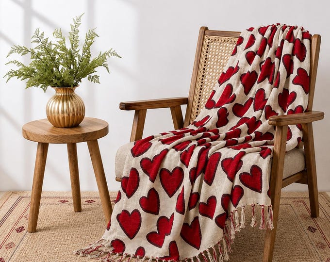 Hand Block Printed Heart Cotton Throw Blanket, Boho Sofa Cover, Tasseled Accent (50x70 inches)
