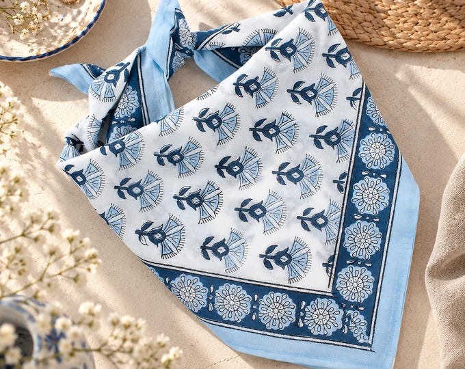 Hand Block Print Floral Cotton Bandana - Blue Hair Scarf "Hair accessory"