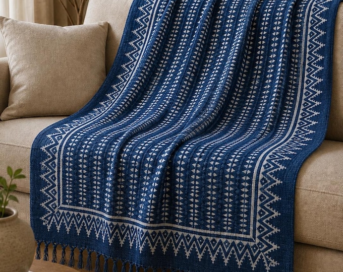 Indigo Blue Hand Block Printed Cotton Throw Blanket with Tribal Geometric Pattern