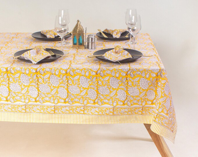 Hand Block Printed Yellow Floral Cotton Tablecloth – Boho Farmhouse Dining Decor