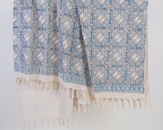 Blue White Geometric Hand Block Print Cotton Throw Blanket: Boho Bedspread with Fringe