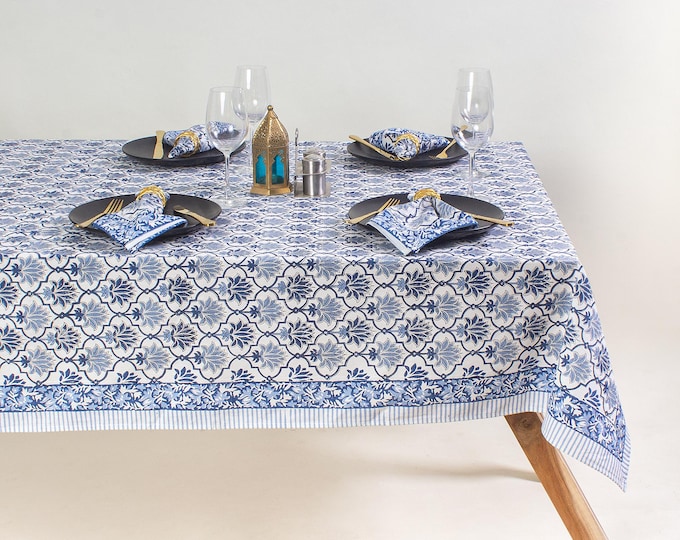 Blue Floral Printed Cotton Tablecloth - Indian Style Decorative Table Cover - Traditional Dining Table Linen