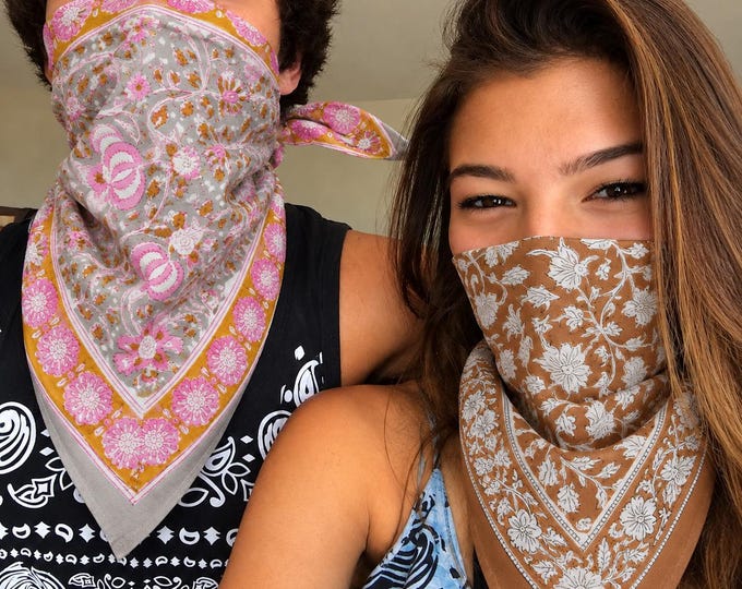 Hand Block Print Cotton Bandana Set of 2 : Floral Head Scarf