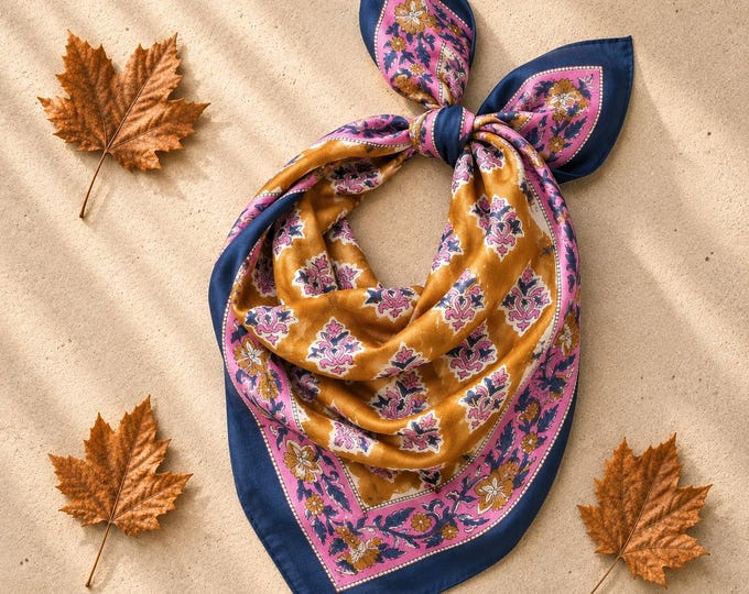 Yellow Ochre Bandana Scarf • Floral Cotton Bandanas • Block Print Cloth