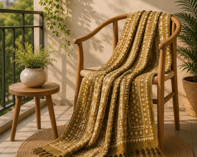 Hand Block Printed Cotton Throw Blanket, Olive Green with Fringe