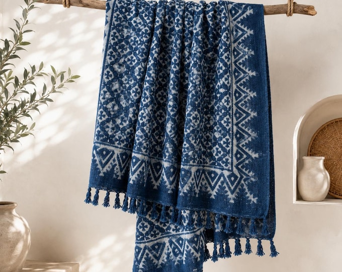 Hand Block Print Cotton Throw Blanket, Indigo Blue, Tasseled, Boho Farmhouse Decor