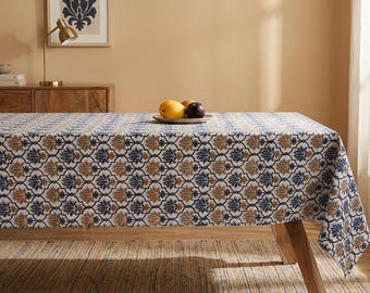 Gold Blue Floral Hand Block Print Cotton Tablecloth, Boho Farmhouse Dining Decor