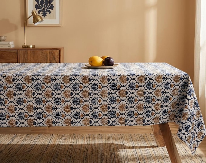 Gold Blue Floral Hand Block Print Cotton Tablecloth, Boho Farmhouse Dining Decor