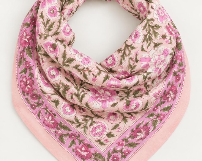 Hand Block Print Cotton Bandana: Peach Floral Hair Scarf