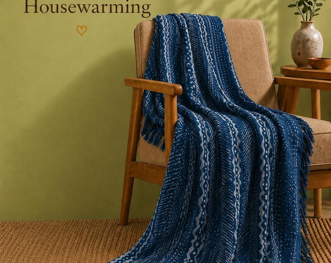 Handmade Indigo Hand Block Print Cotton Throw Blanket: Throw For Sofa - Bed couch - Gifts
