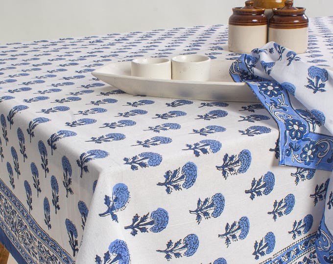 Hand Block Print Cotton Tablecloth, Blue White Floral, Indian Boho Farmhouse Decor