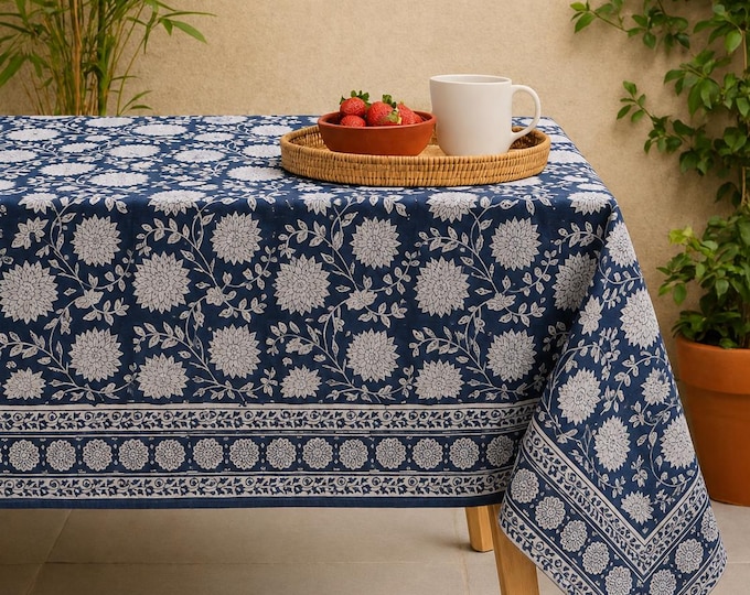 Hand Block Print Cotton Tablecloth – Blue Floral Boho Farmhouse Dining Decor
