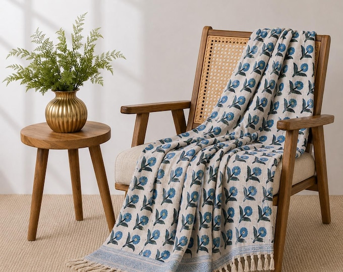 Teal Blue Floral Hand Block Print Throw Blanket: Bohemian Cotton Bedspread "50 x 70 Inches"